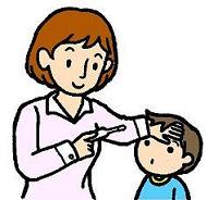 病後児保育（保育士が児童の体温を測定するイラスト）