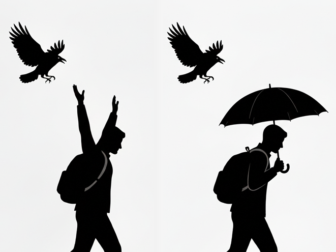 カラスが人の頭を蹴ろうとしているが、人が両手をあげたり傘をさしたりして防御しているシルエットのイラスト