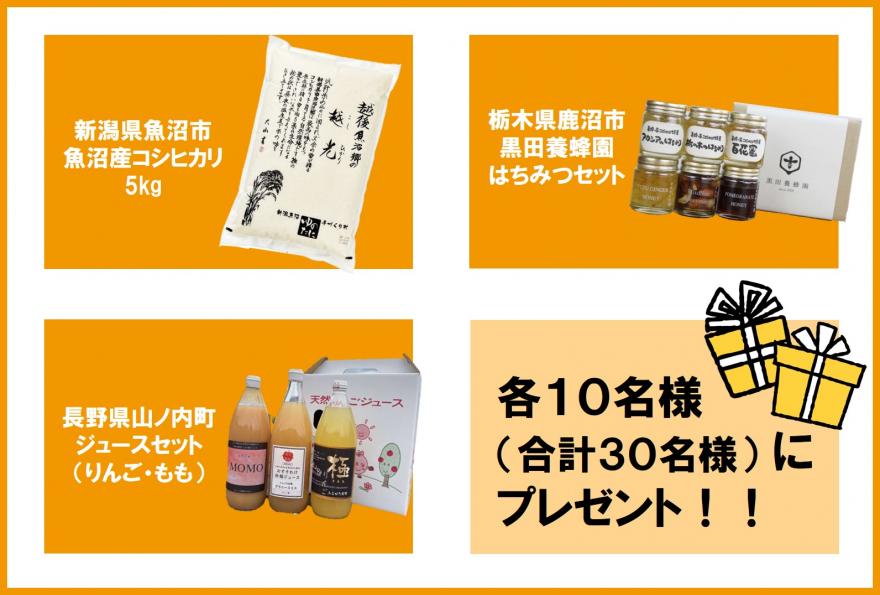 アンケート回答後、抽選でもらえる景品(米、はちみつ、ジュース)