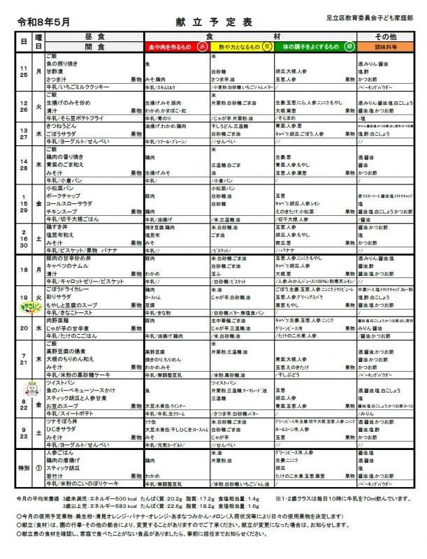 ５月献立予定表