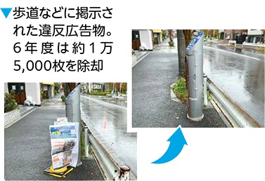 歩道などに掲示された違反広告物。6年度は約1万5,000枚を除却