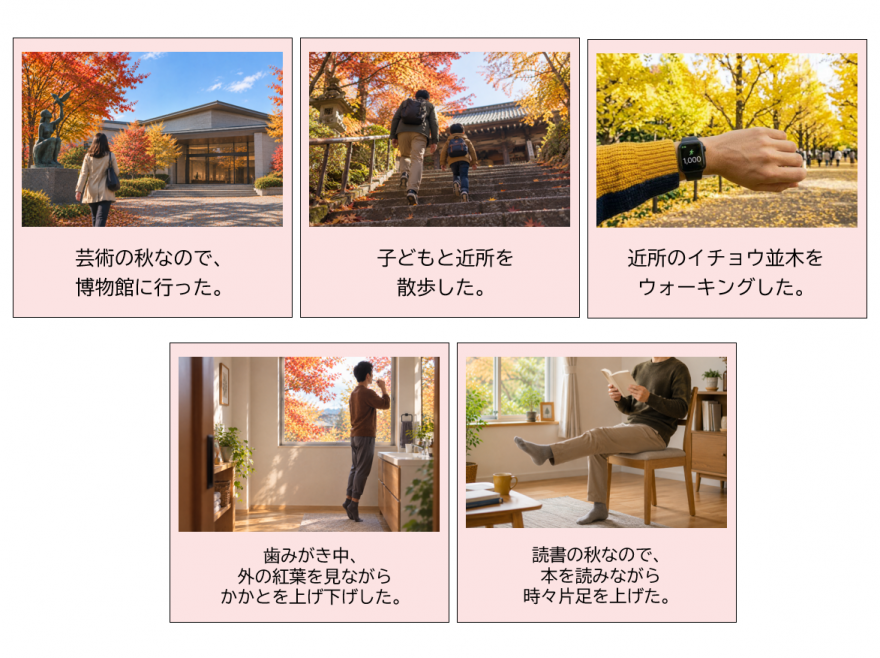 「秋フォト×ちょこ活」投稿例。1芸術の秋なので博物館に行った、2子どもと近所を散歩した、等